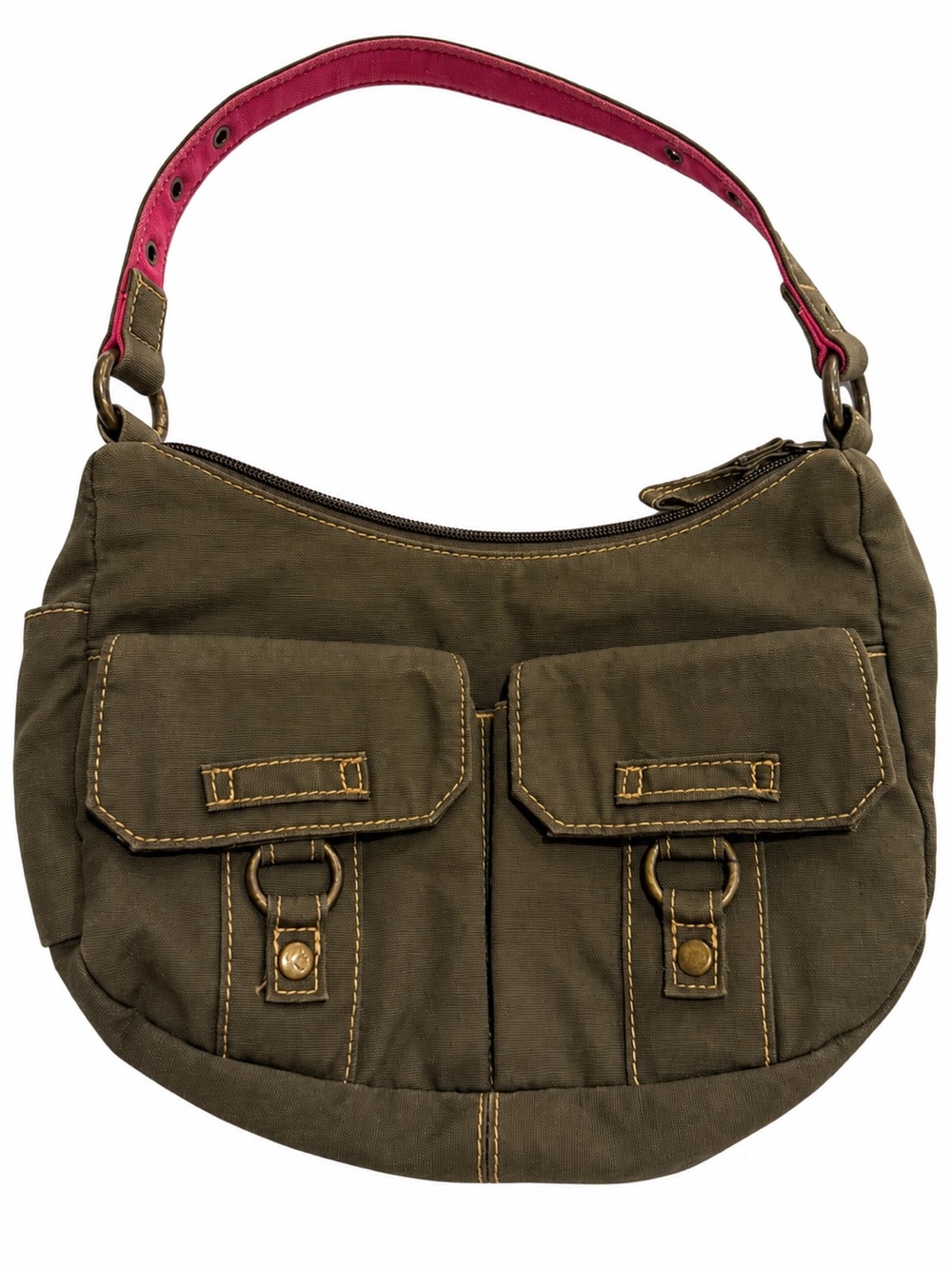 Amanda Smith Y2K Olive Canvas Shoulder Bag Pink Cargo Pocket Hobo Purse